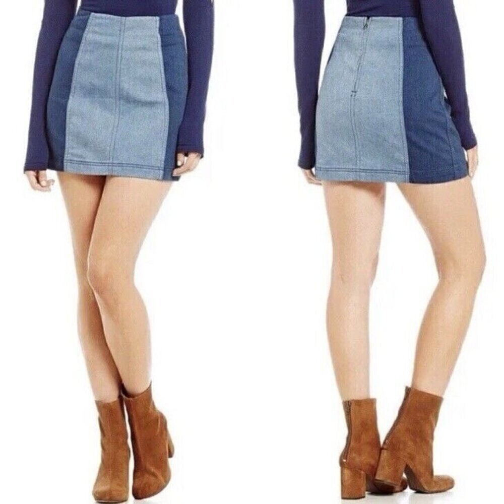 Free People Womens Modern Femme Denim Mini Skirt Sz 2 Blue Jean Colorblock Boho - Picture 6 of 8
